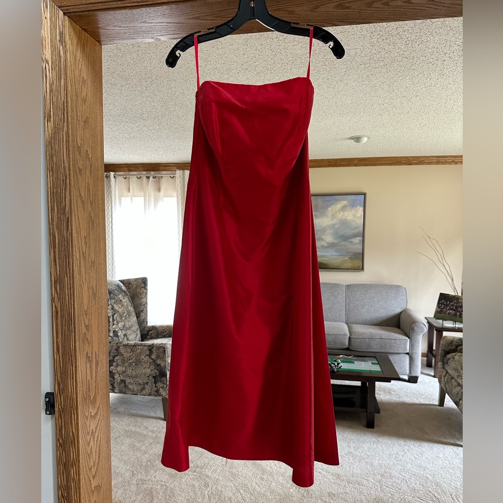 Red strapless knee length dress, size 10.
